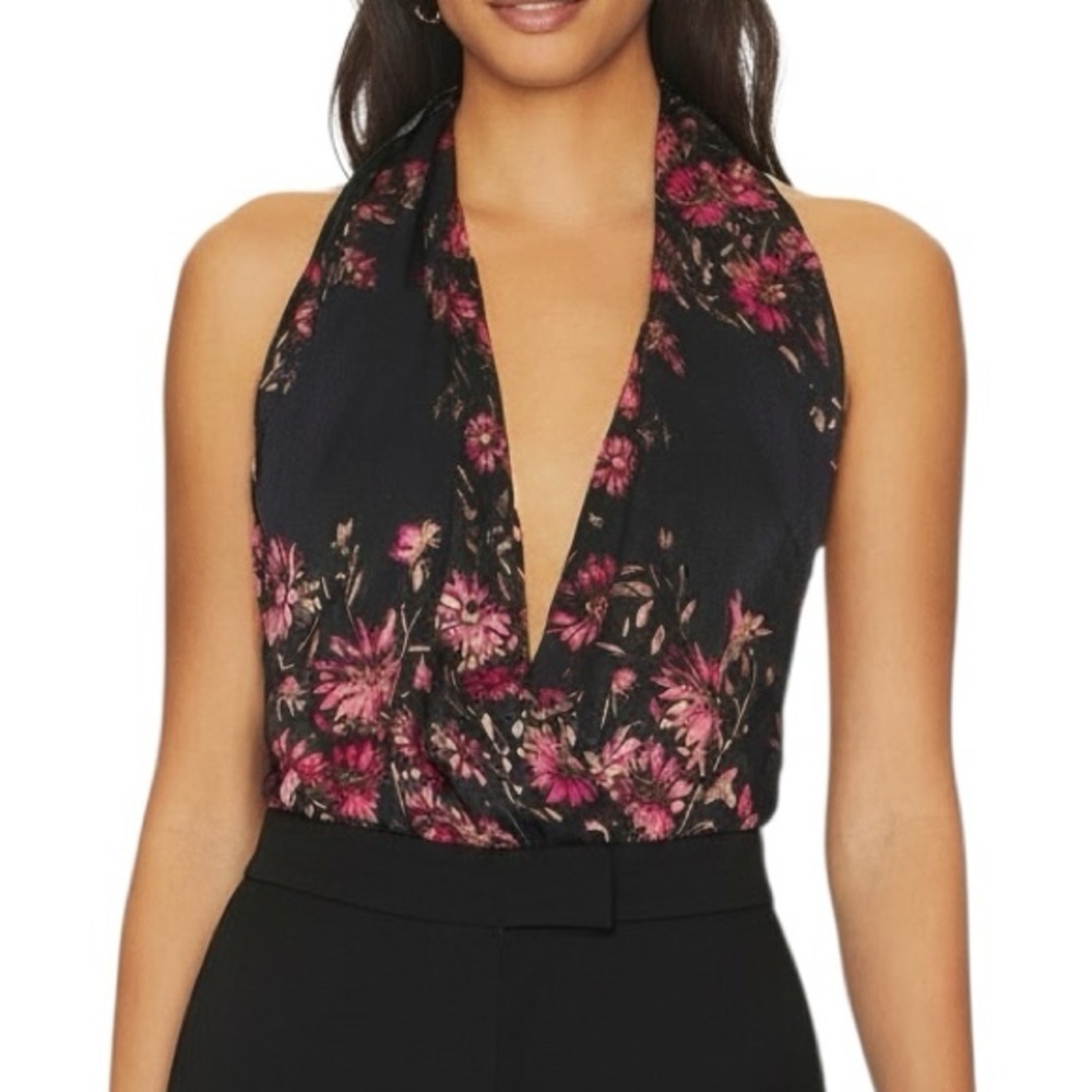 NWT FREE PEOPLE Floral Halter Neck Deep V-Neck Open Back Bodysuit Size Small